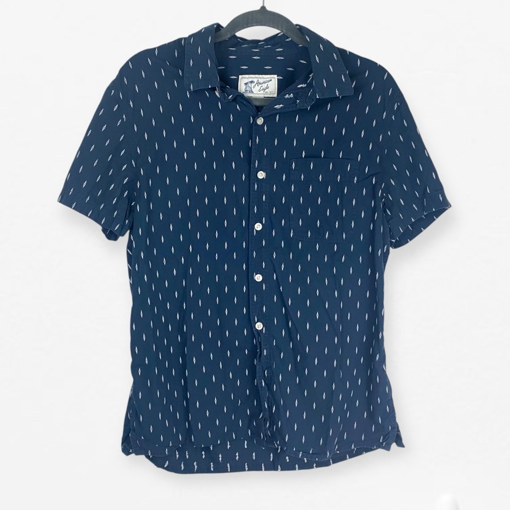 American Eagle Navy Blue Patterned Men's button up Shirt M